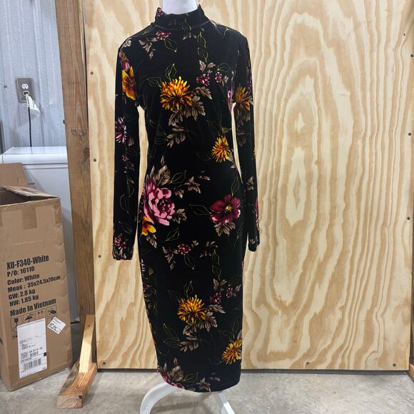 VENUS Velvet Floral Mock-Neck Bodycon Midi Dress Medium whimsygoth dark romance - Picture 4 of 10